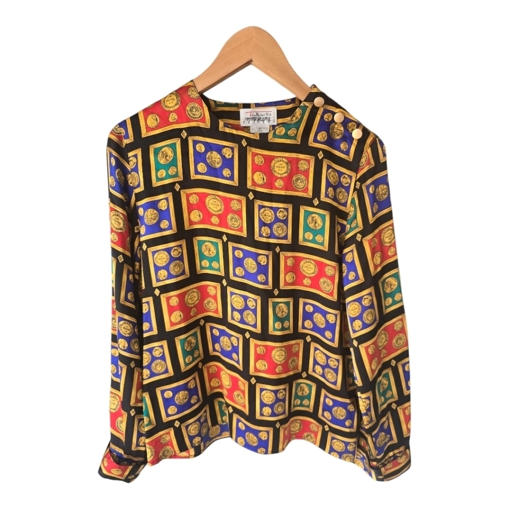 Talbots Vintage 100% Silk Blouse Sz 6P Roman Coins France Gold Buttons Boho Art